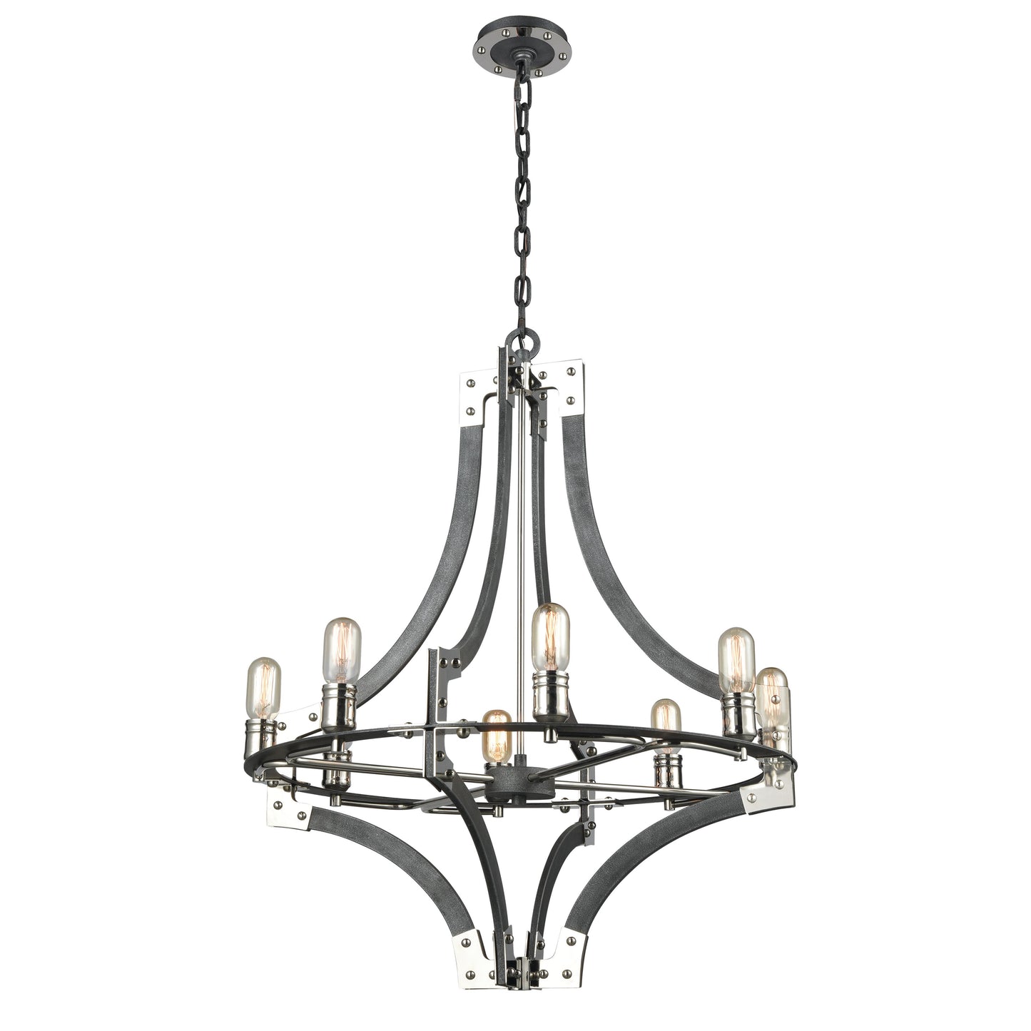 ELK SHOWROOM 15236/8 Riveted Plate 28'' Wide 8-Light Chandelier - Silverdust Iron