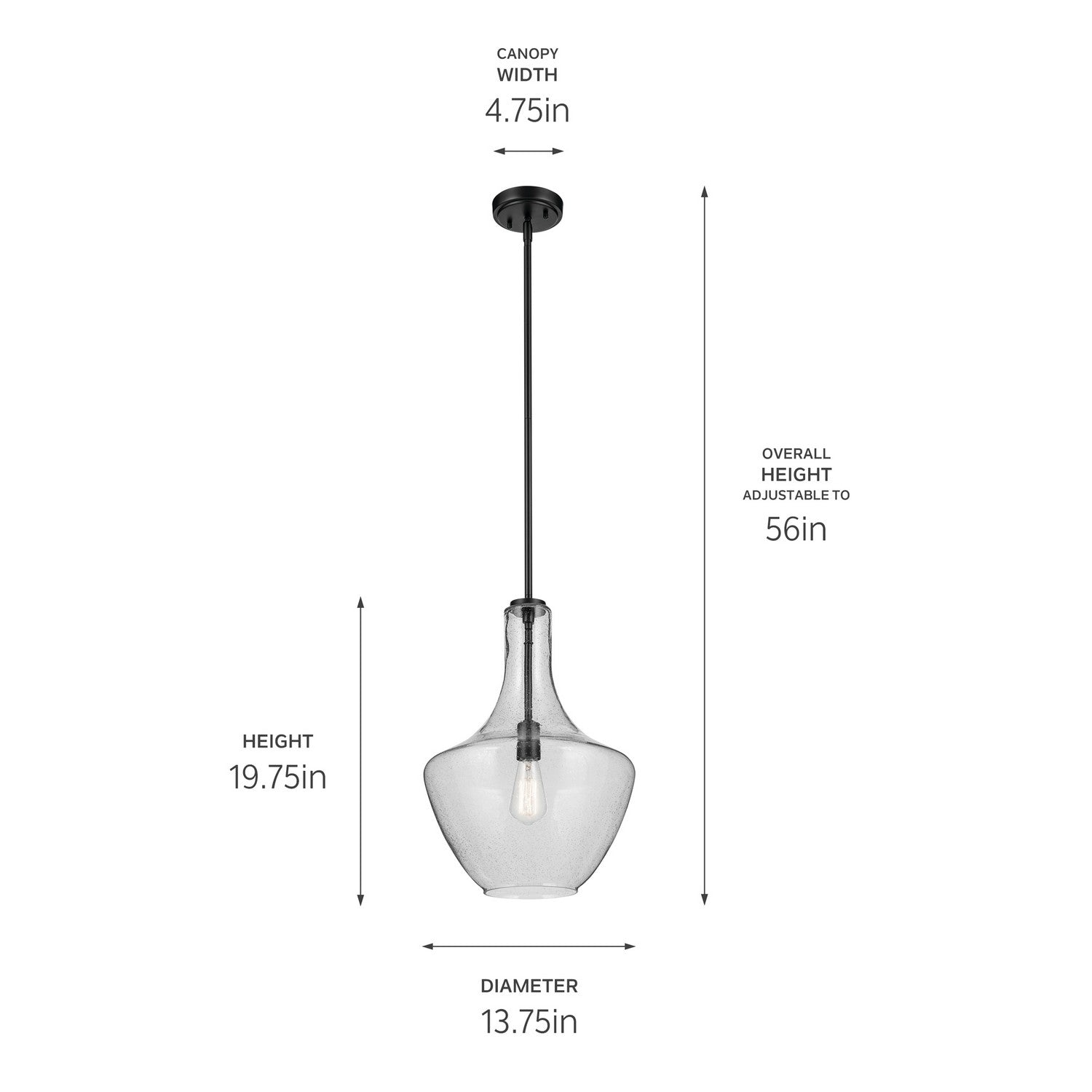 KICHLER 42046BKCS Everly 19.75" 1-Light Bell Pendant With Clear Seeded Glass In Black