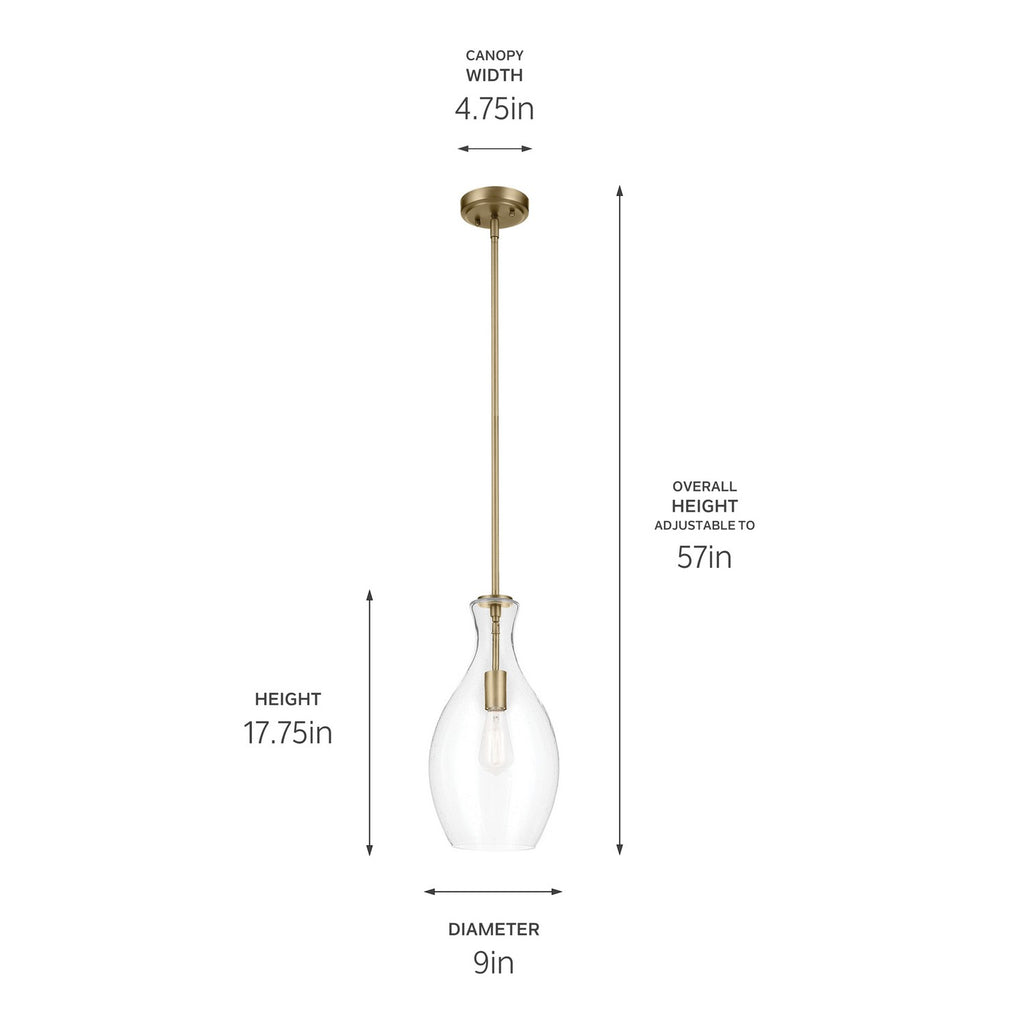 KICHLER 42047NBRCS Everly 17.75" 1-Light Bell Pendant With Clear Seeded Glass In Brushed Natural Brass