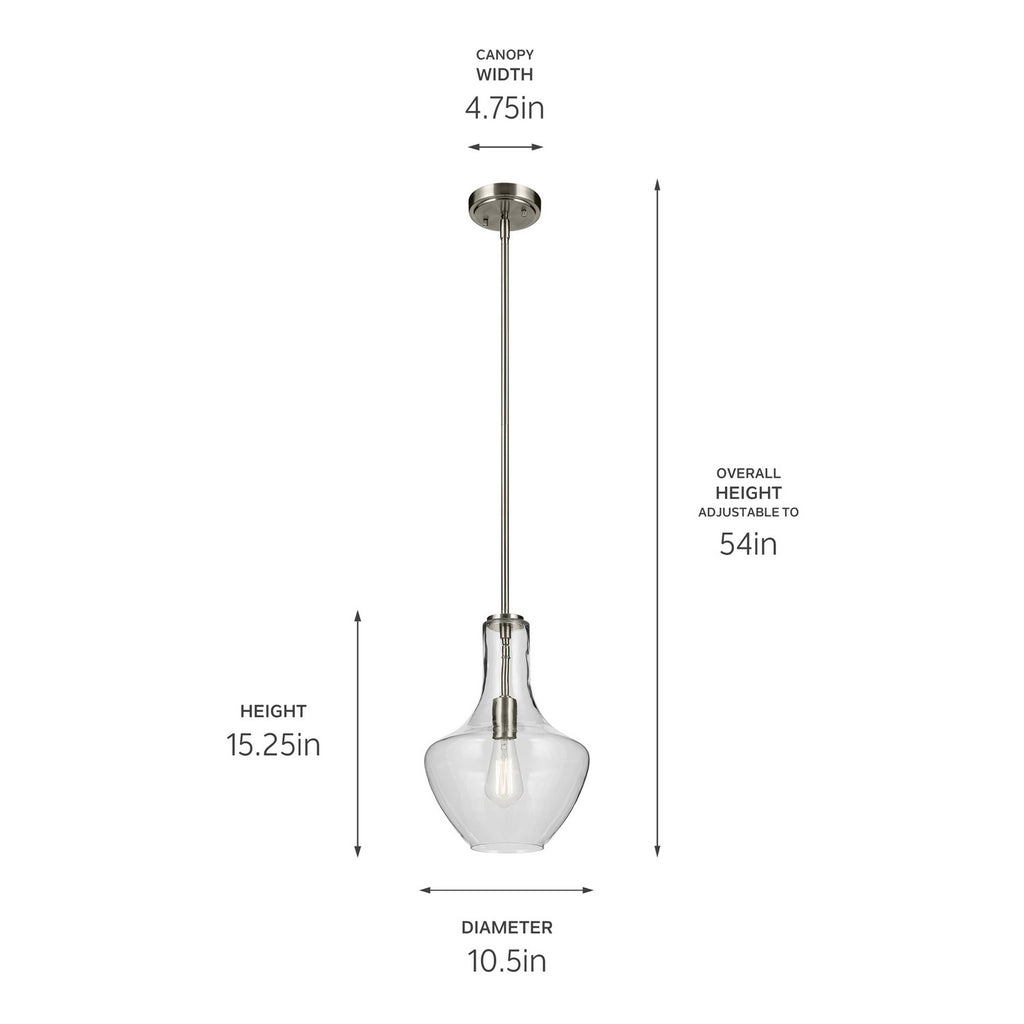 KICHLER 42141NI Everly 15.25" 1-Light Bell Pendant With Clear Glass In Brushed Nickel