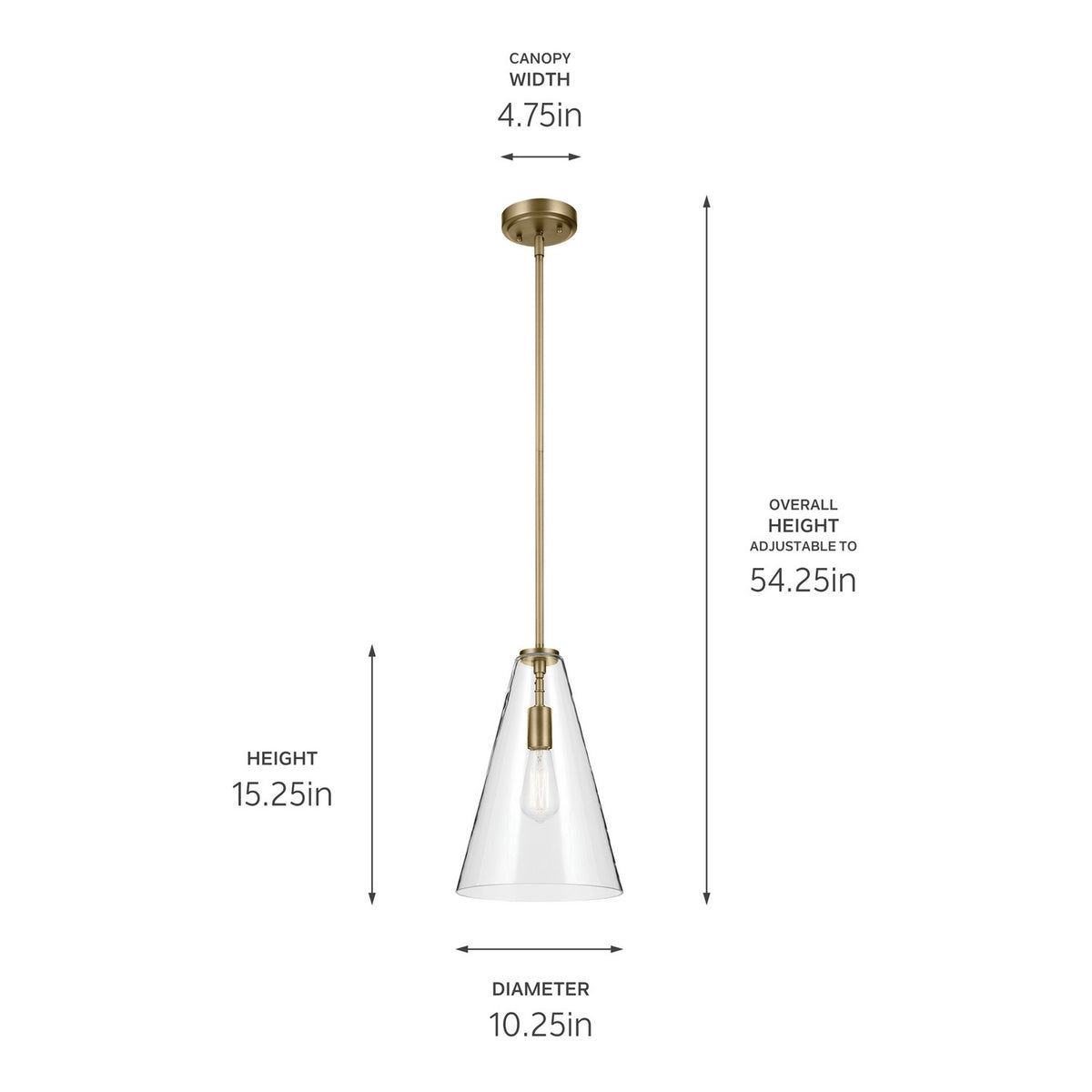 KICHLER 42199NBR Everly 15.25" 1-Light Cone Pendant With Clear Glass In Natural Brass