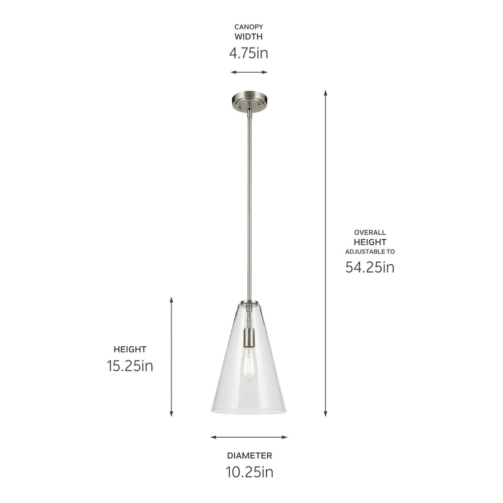 KICHLER 42199NI Everly 15.25" 1-Light Cone Pendant With Clear Glass In Brushed Nickel