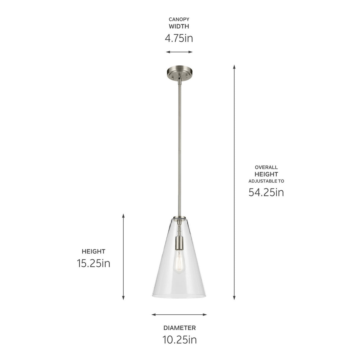 KICHLER 42199NI Everly 15.25" 1-Light Cone Pendant With Clear Glass In Brushed Nickel