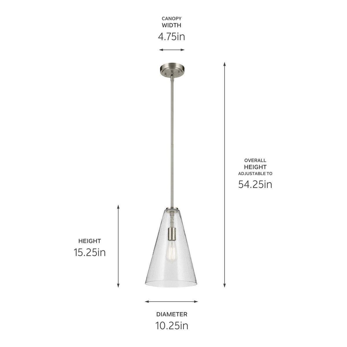 KICHLER 42199NICS Everly 15.25" 1-Light Cone Pendant With Clear Seeded Glass In Brushed Nickel