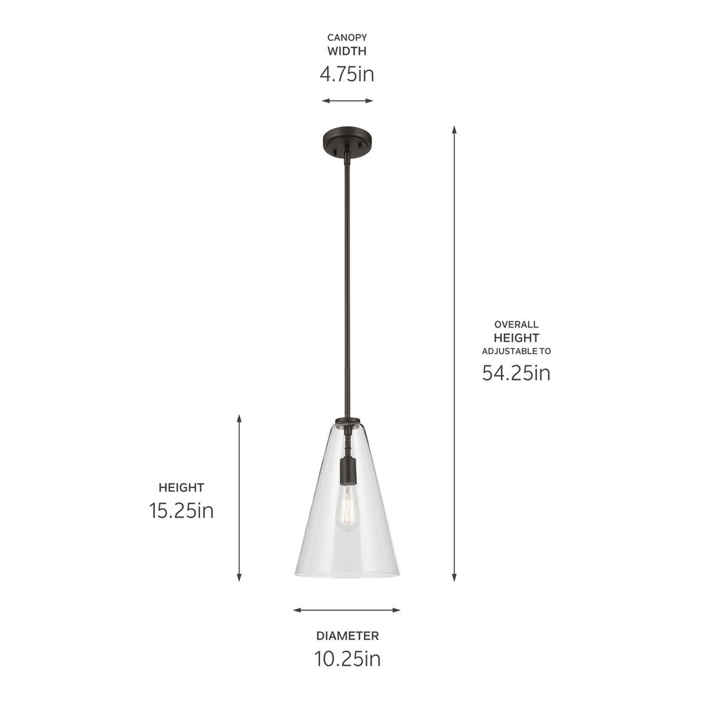 KICHLER 42199OZ Everly 15.25" 1-Light Cone Pendant With Clear Glass In Olde Bronze