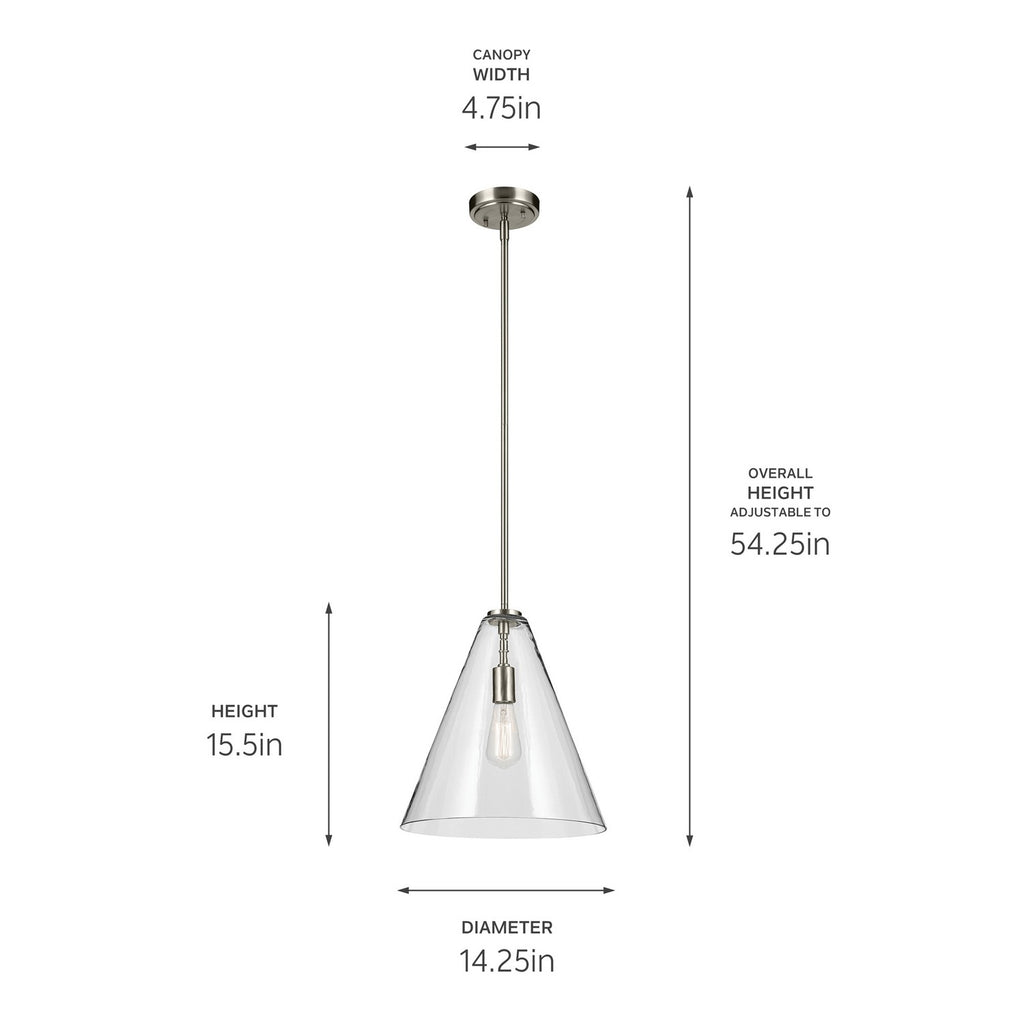 KICHLER 42200NI Everly 15.5" 1-Light Cone Pendant With Clear Glass In Brushed Nickel