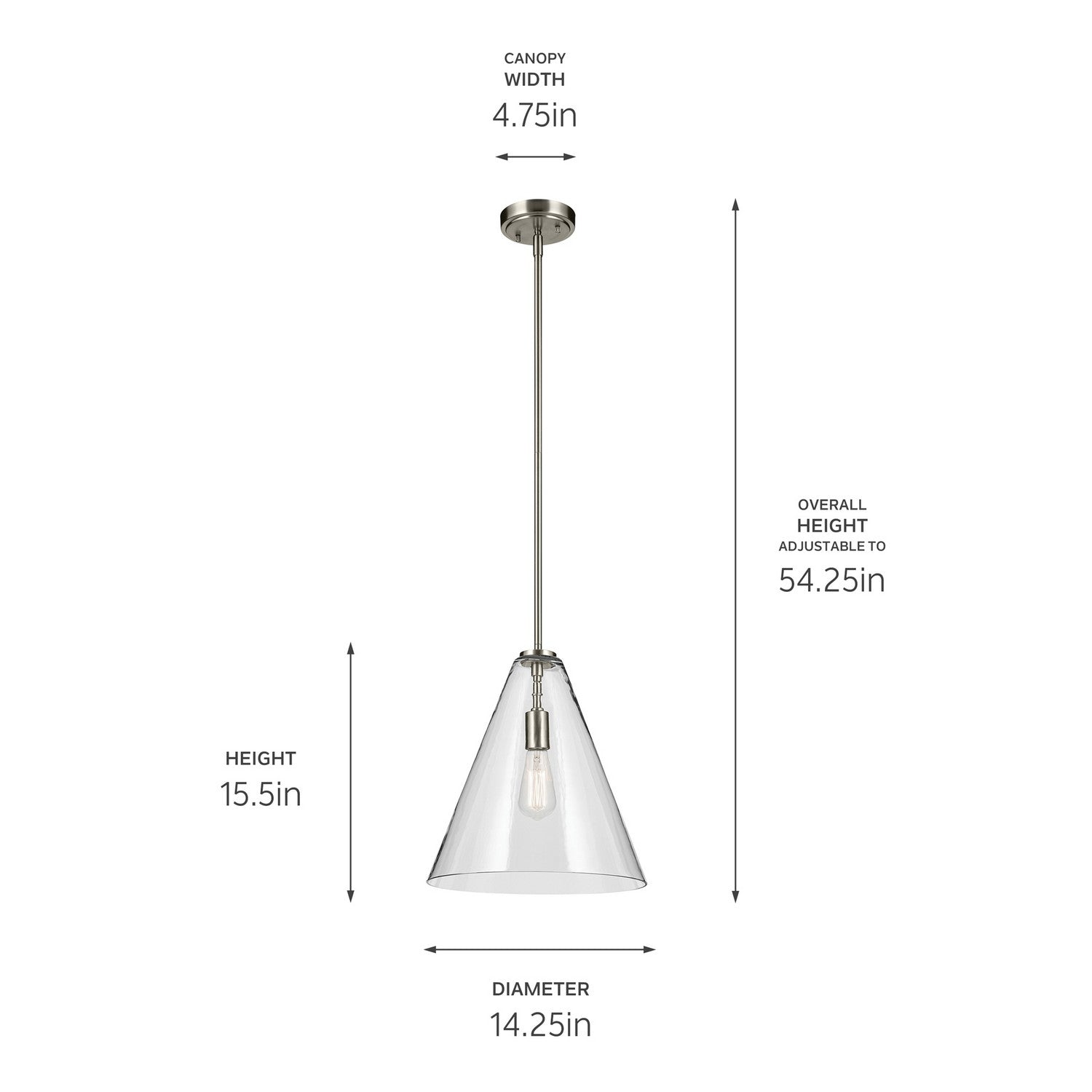 KICHLER 42200NI Everly 15.5" 1-Light Cone Pendant With Clear Glass In Brushed Nickel