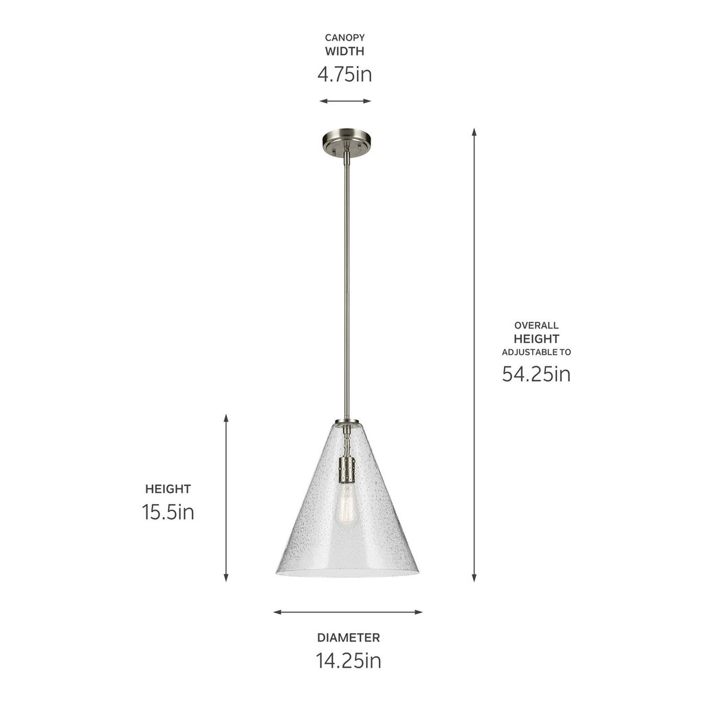 KICHLER 42200NICS Everly 15.5" 1-Light Cone Pendant With Clear Seeded Glass In Brushed Nickel
