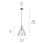 KICHLER 42200NICS Everly 15.5" 1-Light Cone Pendant With Clear Seeded Glass In Brushed Nickel
