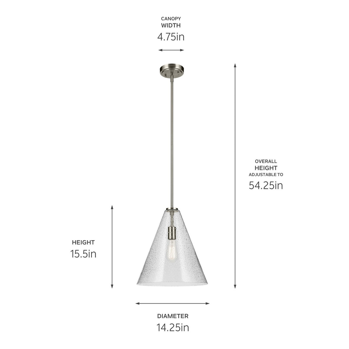 KICHLER 42200NICS Everly 15.5" 1-Light Cone Pendant With Clear Seeded Glass In Brushed Nickel