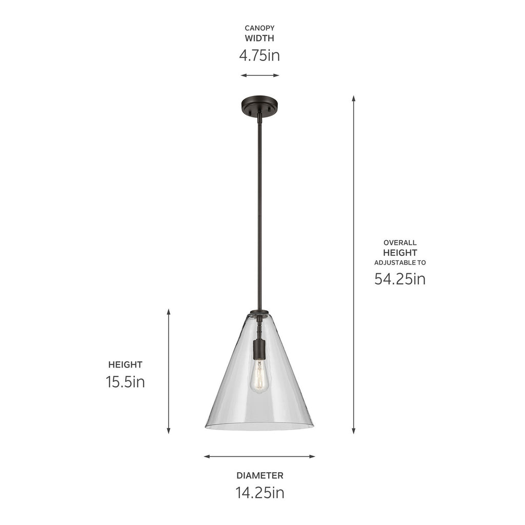 KICHLER 42200OZ Everly 15.5" 1-Light Cone Pendant With Clear Glass In Olde Bronze