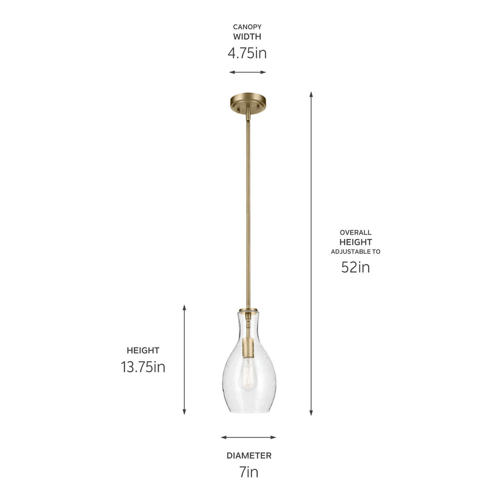 KICHLER 42456NBRCS Everly 13.75" 1-Light Bell Pendant With Clear Seeded Glass In Brushed Natural Brass