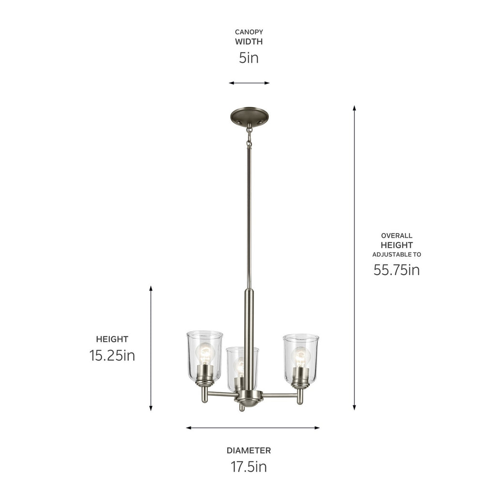 KICHLER 43670NICLR Shailene 15.25" 3-Light Mini Chandelier With Clear Glass In Brushed Nickel