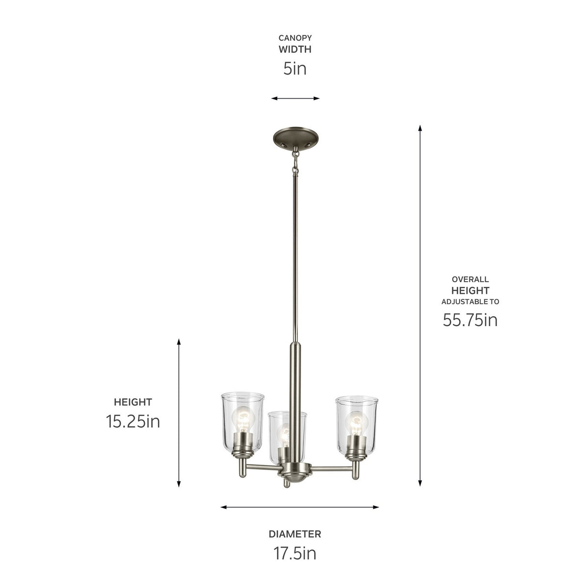 KICHLER 43670NICLR Shailene 15.25" 3-Light Mini Chandelier With Clear Glass In Brushed Nickel