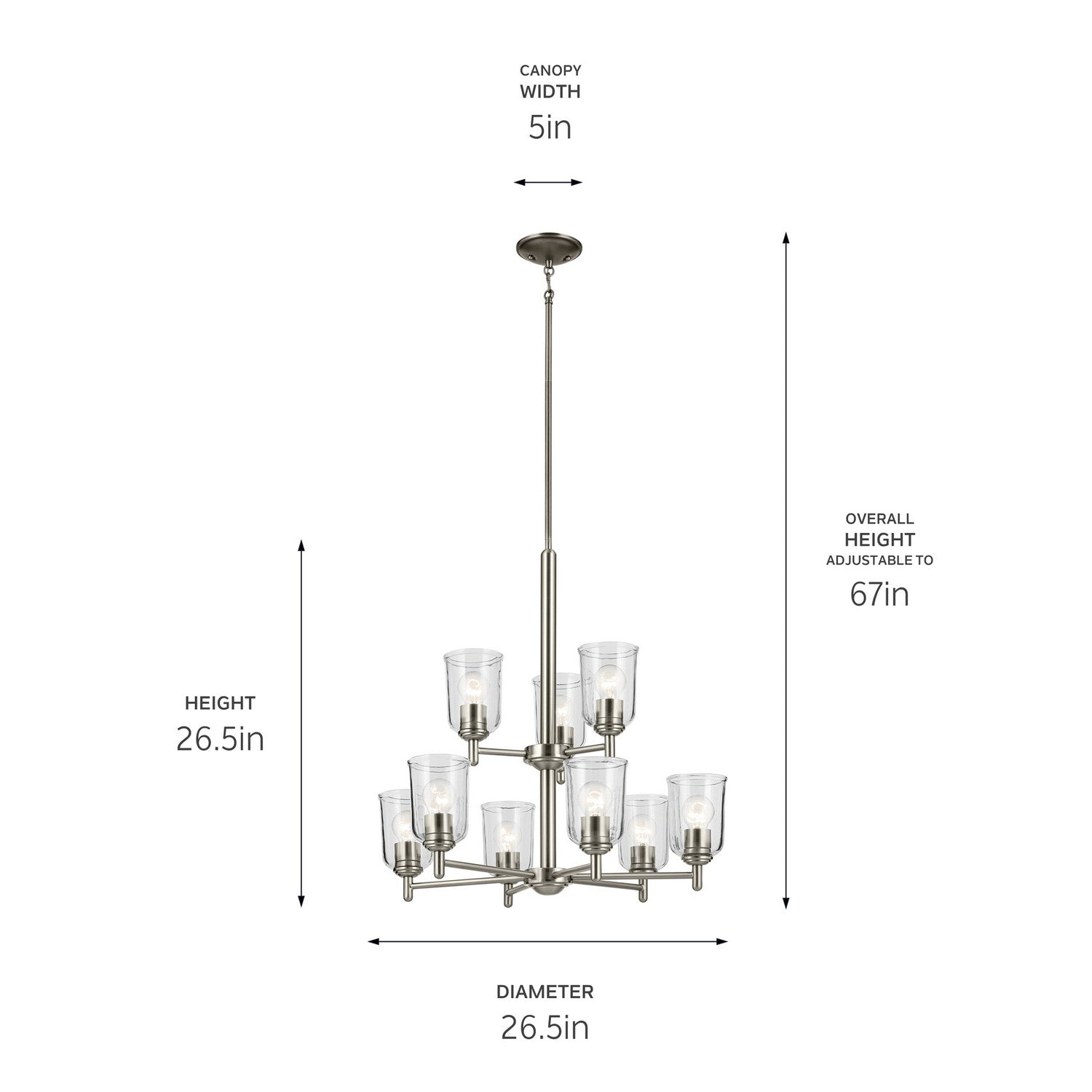 KICHLER 43672NICLR Shailene 26.5" 9-Light 2-Tier Chandelier With Clear Glass In Brushed Nickel