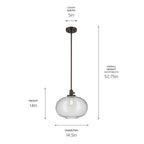 KICHLER 43911OZ Avery 14" 1-Light Globe Pendant With Clear Seeded Glass In Olde Bronze