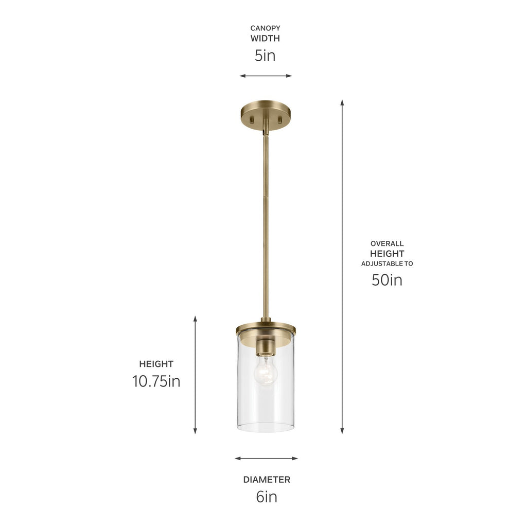 KICHLER 43996NBR Crosby 10.75" 1-Light Mini Pendant With Clear Glass In Natural Brass