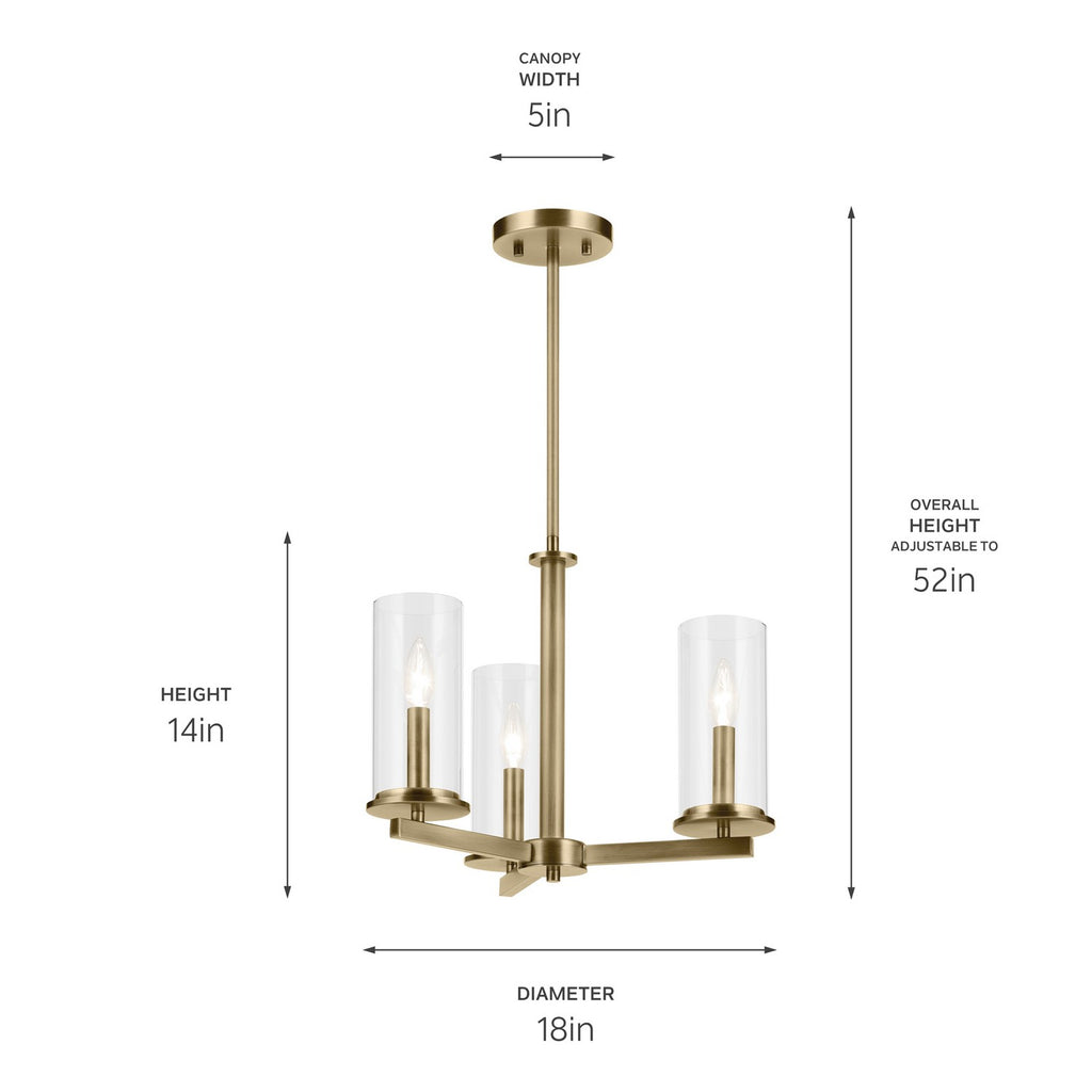 KICHLER 43997NBR Crosby 14" 3-Light Convertible Semi Flush With Clear Glass In Natural Brass