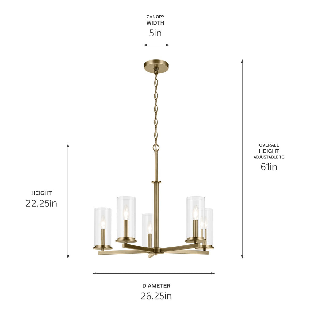 KICHLER 43999NBR Crosby 22.5" 5-Light Chandelier With Clear Glass In Natural Brass