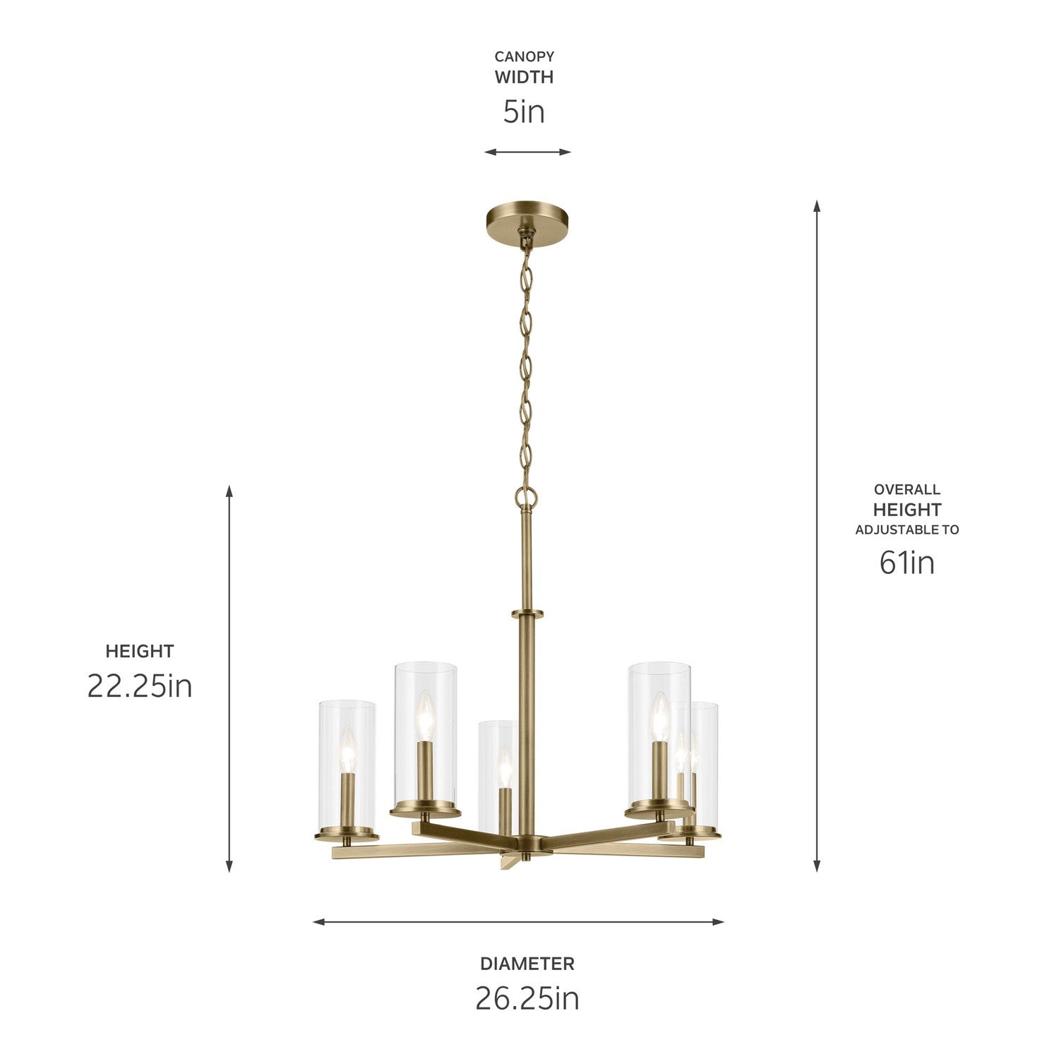 KICHLER 43999NBR Crosby 22.5" 5-Light Chandelier With Clear Glass In Natural Brass