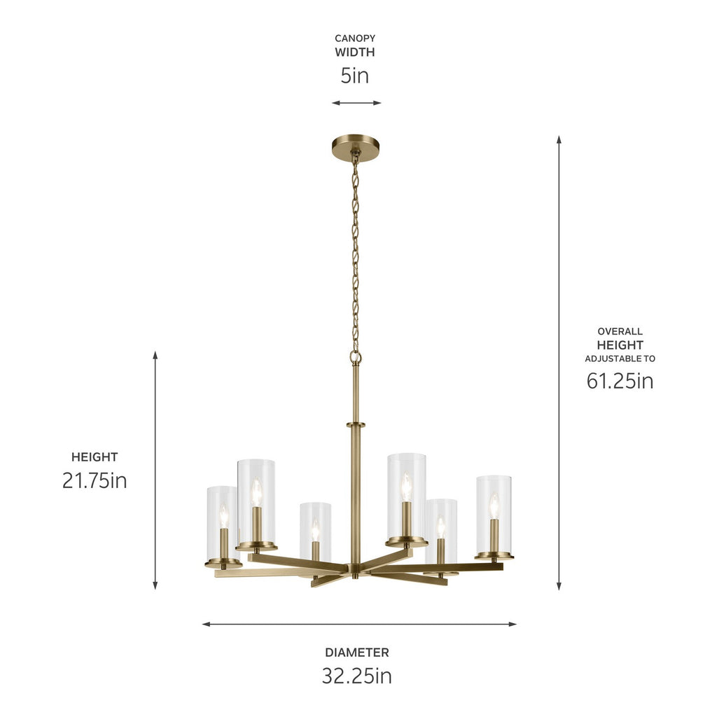 KICHLER 44013NBR Crosby 21.5" 6-Light Chandelier With Clear Glass In Natural Brass