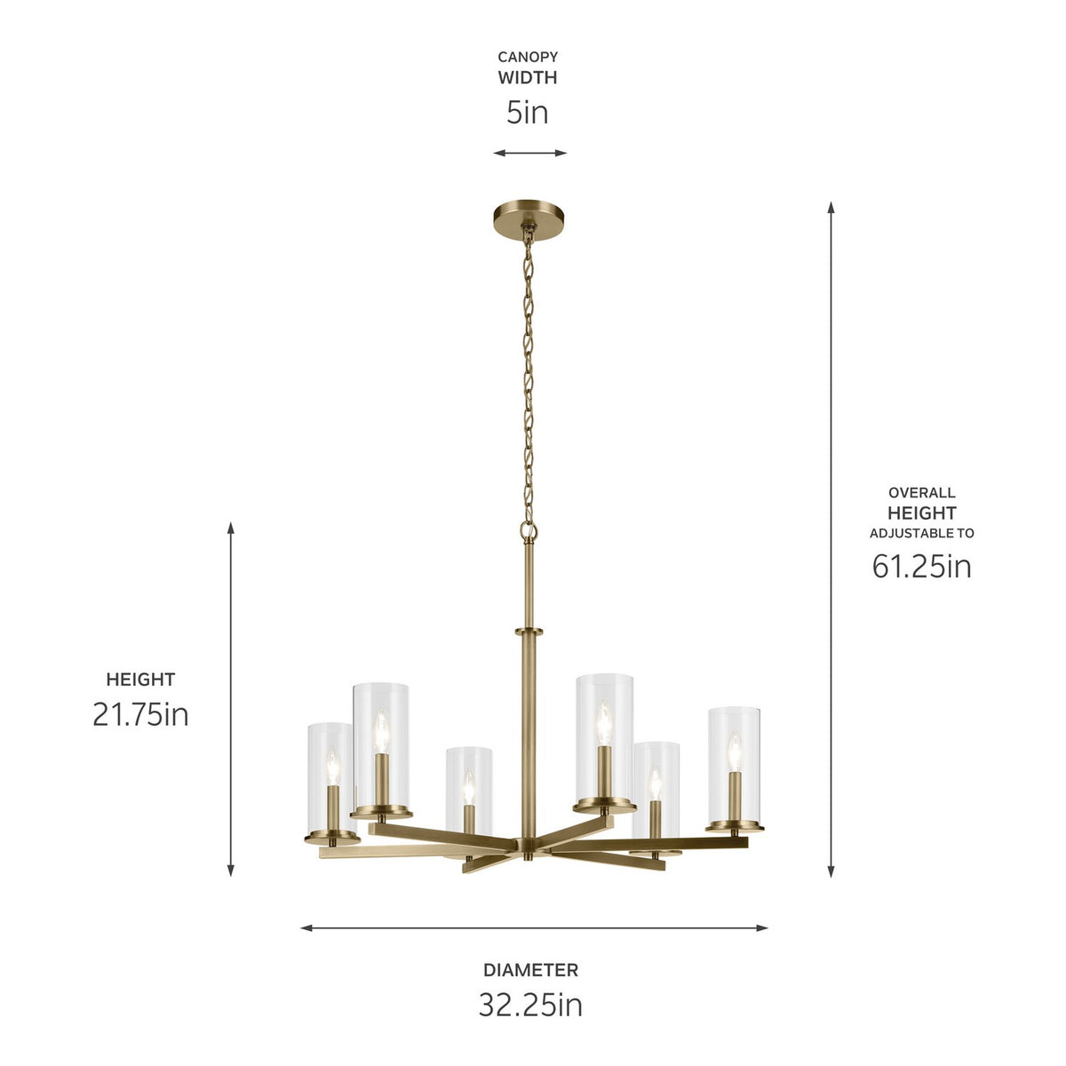 KICHLER 44013NBR Crosby 21.5" 6-Light Chandelier With Clear Glass In Natural Brass