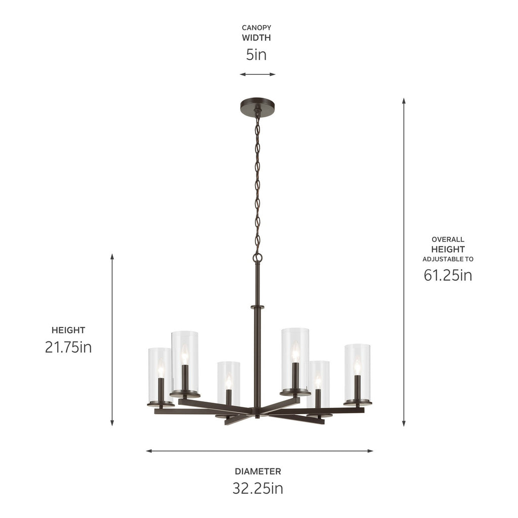 KICHLER 44013OZ Crosby 21.75" 6-Light Chandelier With Clear Glass In Olde Bronze