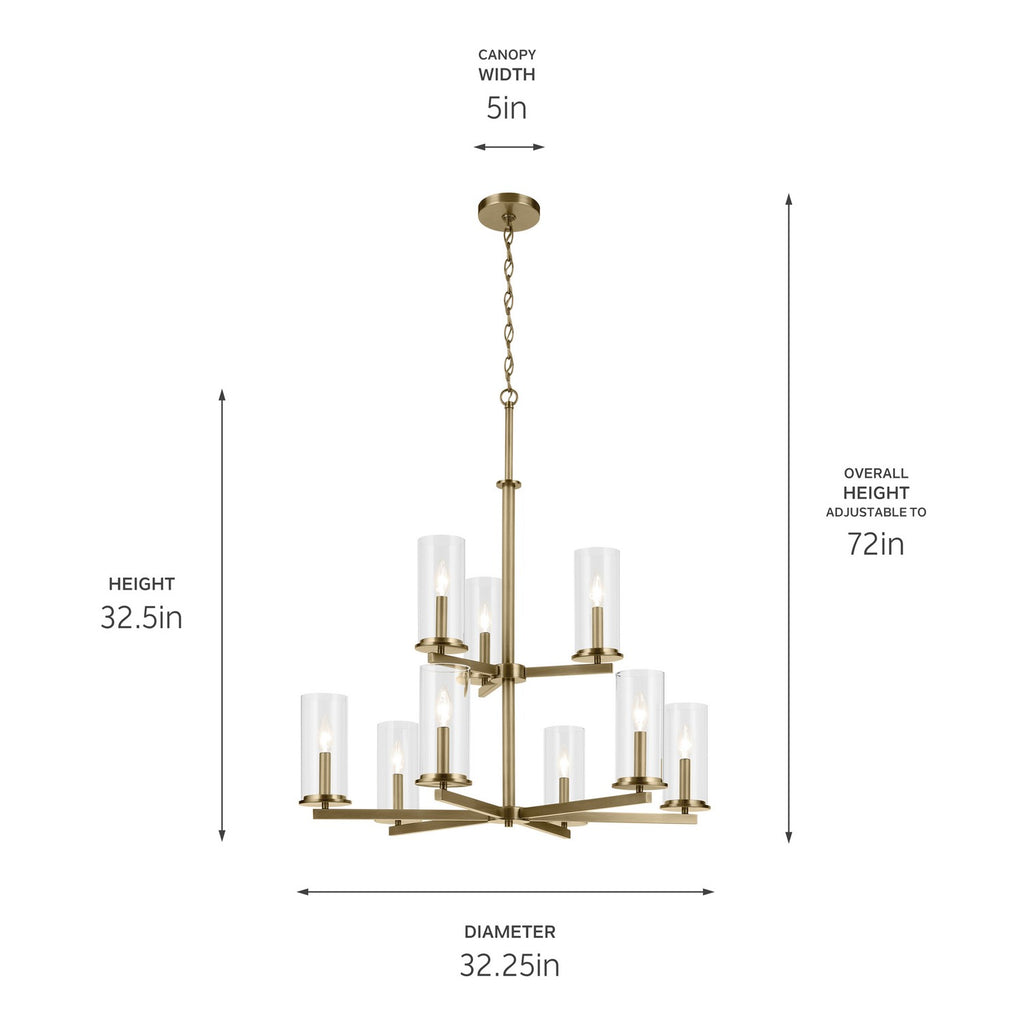 KICHLER 44014NBR Crosby 32.5" 9-Light 2-Tier Chandelier With Clear Glass In Natural Brass