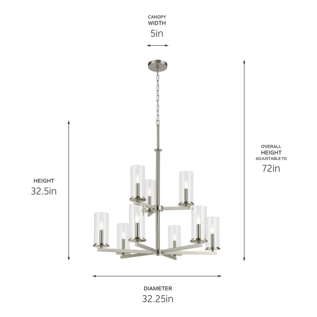 KICHLER 44014NI Crosby 32.5" 9-Light 2-Tier Chandelier With Clear Glass In Brushed Nickel