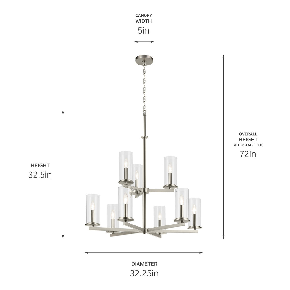 KICHLER 44014NI Crosby 32.5" 9-Light 2-Tier Chandelier With Clear Glass In Brushed Nickel