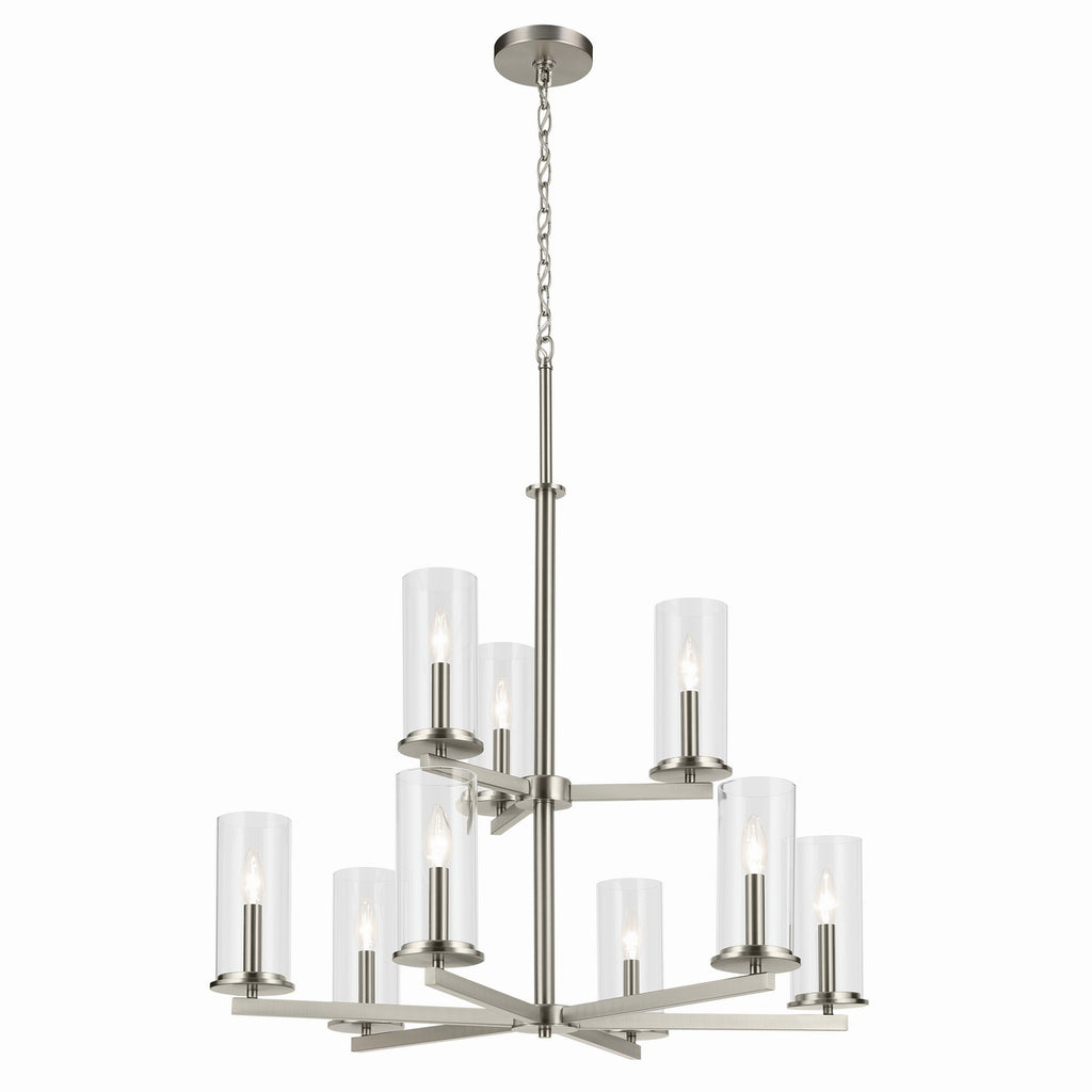 KICHLER 44014NI Crosby 32.5" 9-Light 2-Tier Chandelier With Clear Glass In Brushed Nickel