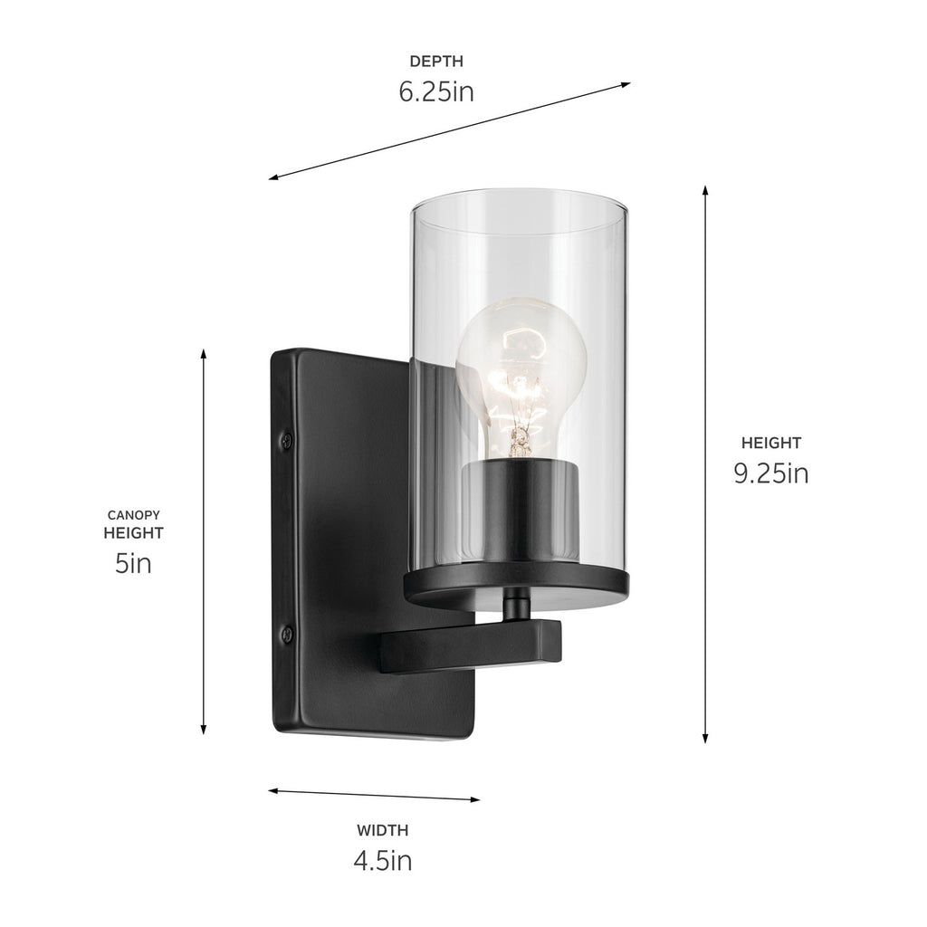 KICHLER 45495BKCLR Crosby 4.5" 1-Light Wall Sconce With Satin Etched Cased Opal Glass In Black