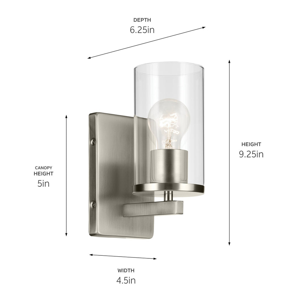 KICHLER 45495NICLR Crosby 4.5" 1-Light Wall Sconce With Clear Glass In Brushed Nickel