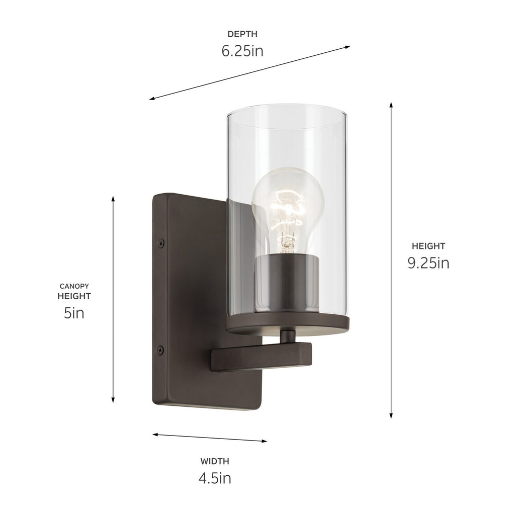 KICHLER 45495OZCLR Crosby 4.5" 1-Light Wall Sconce With Clear Glass In Olde Bronze