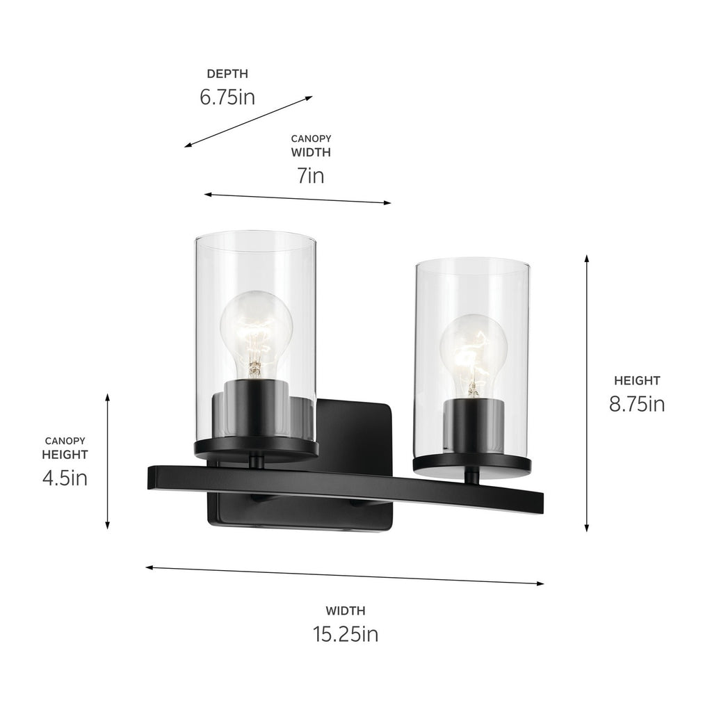 KICHLER 45496BKCLR Crosby 15.25" 2-Light Vanity Light With Clear Glass In Black