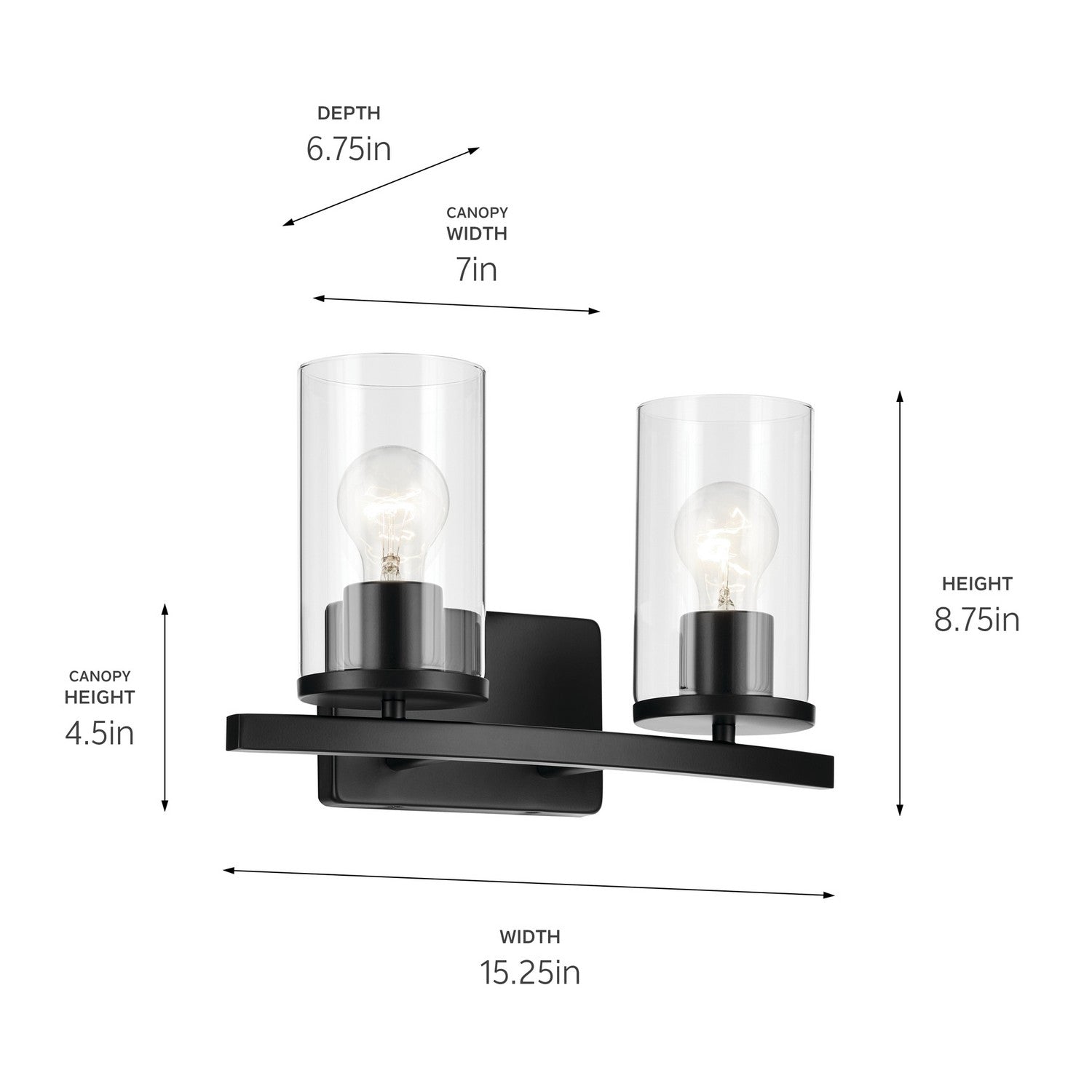 KICHLER 45496BKCLR Crosby 15.25" 2-Light Vanity Light With Clear Glass In Black