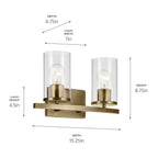 KICHLER 45496NBRCLR Crosby 15.25" 2-Light Vanity Light With Clear Glass In Natural Brass