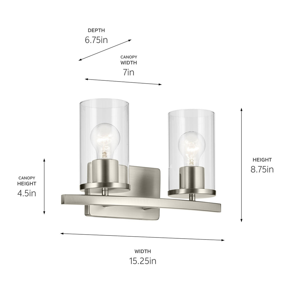 KICHLER 45496NICLR Crosby 15.25" 2-Light Vanity Light With Clear Glass In Brushed Nickel