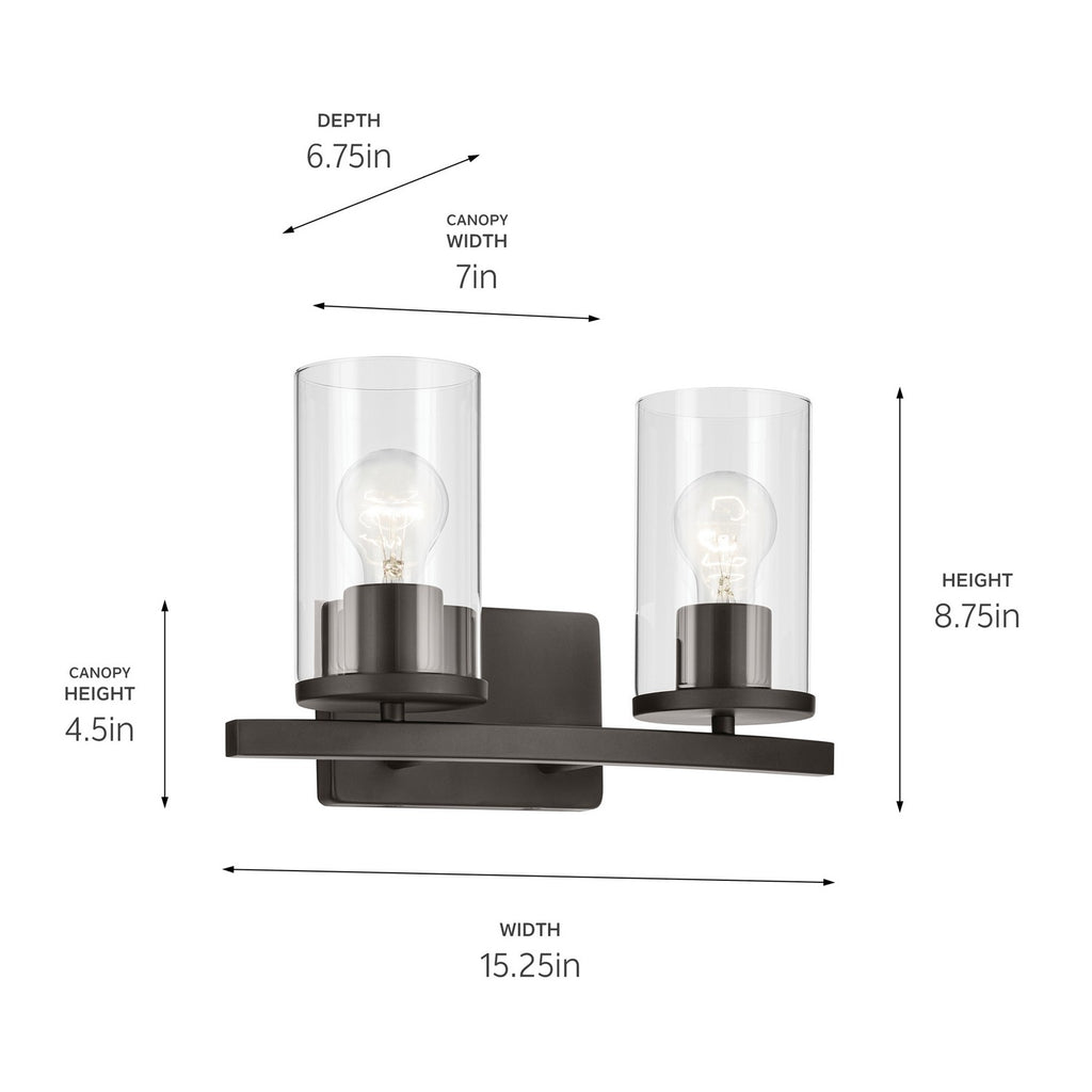 KICHLER 45496OZCLR Crosby 15.25" 2-Light Vanity Light With Clear Glass In Olde Bronze