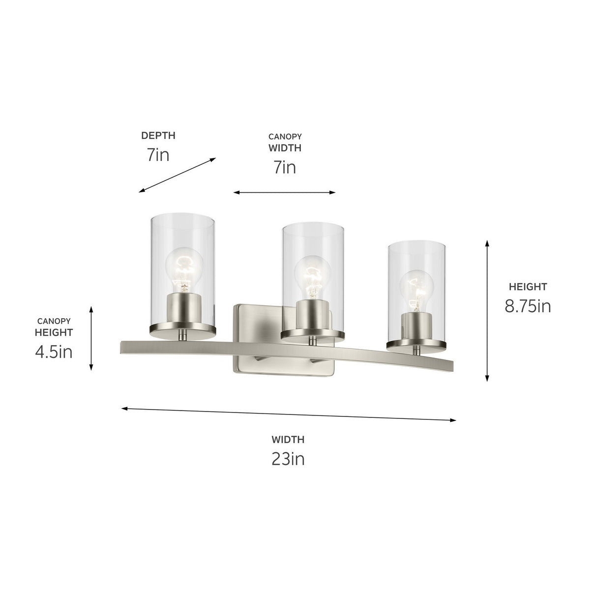 KICHLER 45497NICLR Crosby 23" 3-Light Vanity Light With Clear Glass In Brushed Nickel