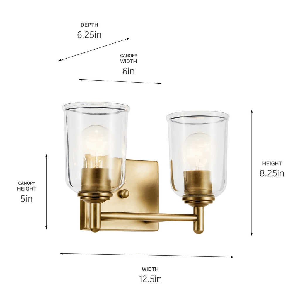 KICHLER 45573NBRCLR Shailene 12.5" 2-Light Vanity Light With Clear Glass In Natural Brass