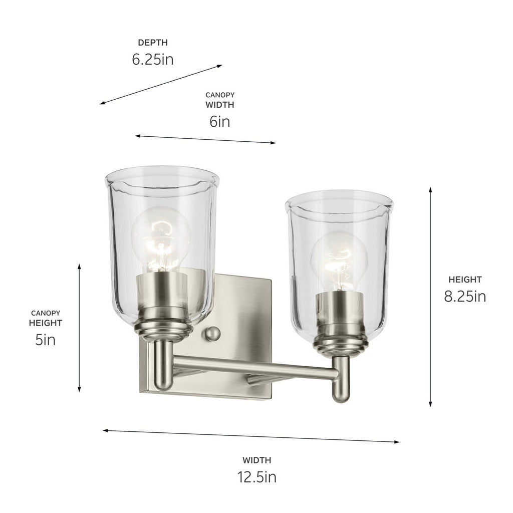 KICHLER 45573NICLR Shailene 12.5" 2-Light Vanity Light With Clear Glass In Brushed Nickel