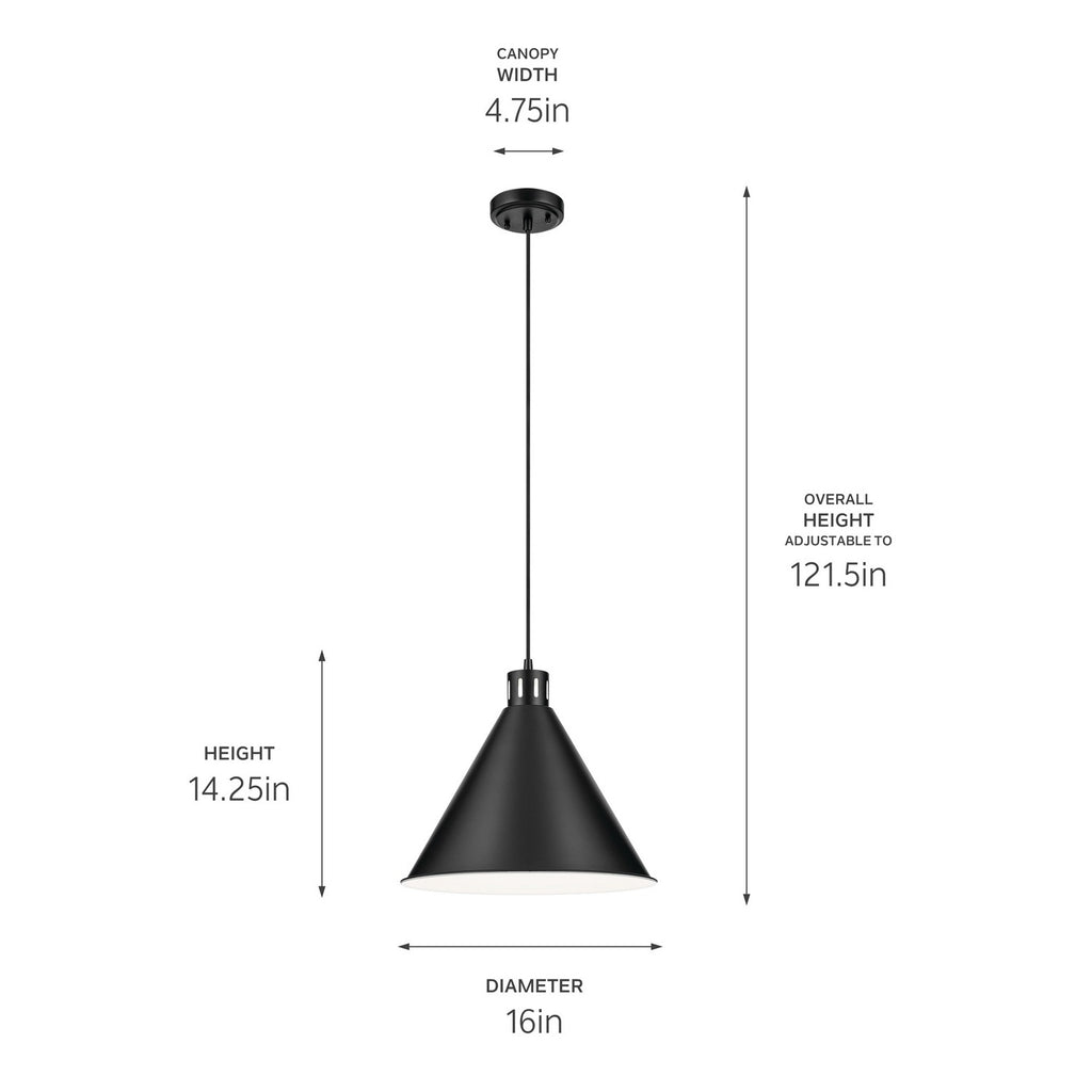 KICHLER 52177BK Zailey 14.25" 1-Light Cone Pendant In Black