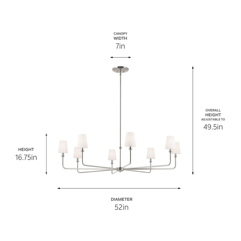 KICHLER 52521PN Pallas 52" Xl 8-Light Round Chandelier With White Linen Shade In Polished Nickel