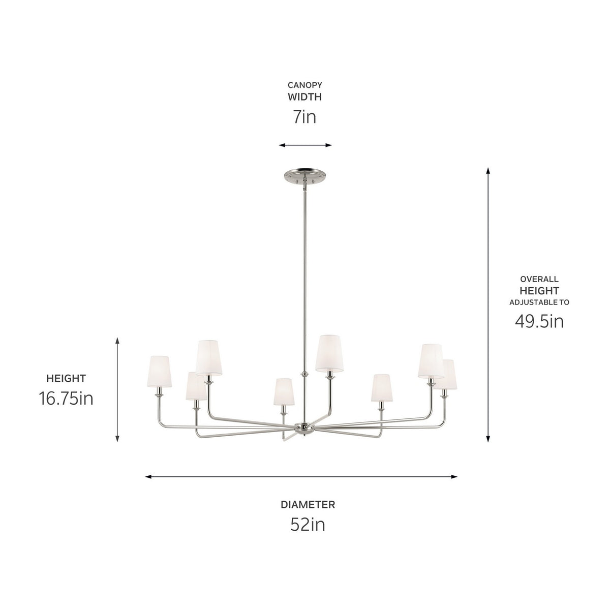 KICHLER 52521PN Pallas 52" Xl 8-Light Round Chandelier With White Linen Shade In Polished Nickel