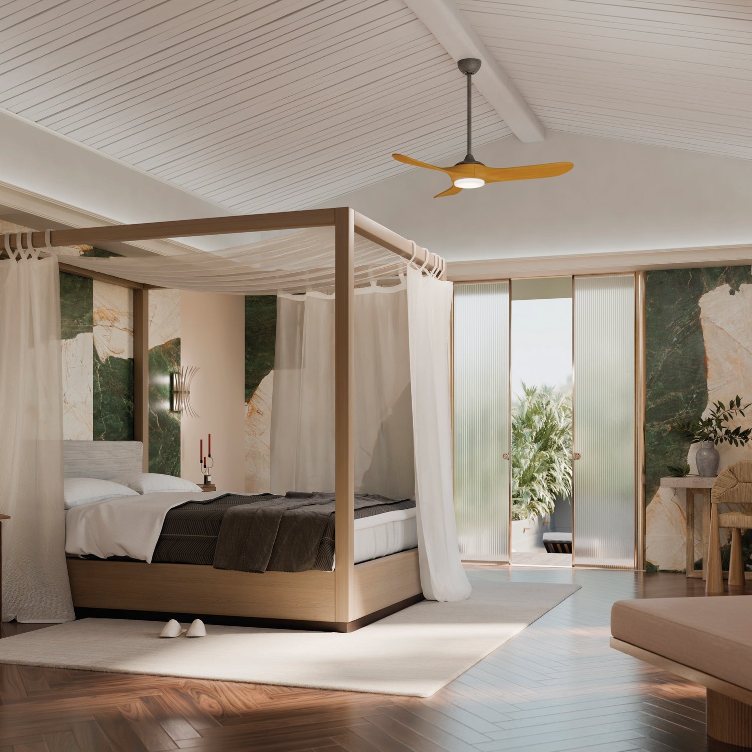 KICHLER 310552AVI 52 Inch Mylo Ceiling Fan With Satin Etch Cased Opal Glass In Anvil Iron With Honey Maple Wood Blades