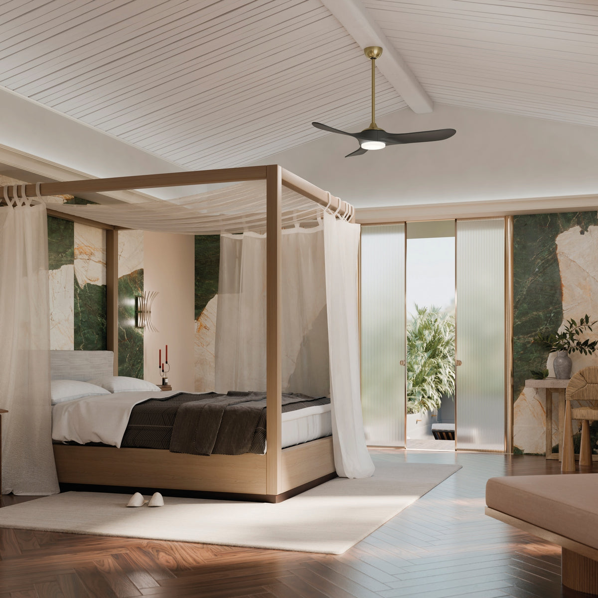 KICHLER 310552CPZ 52 Inch Mylo Ceiling Fan With Satin Etch Cased Opal Glass In Champagne Bronze With Jet Black Wood Blades