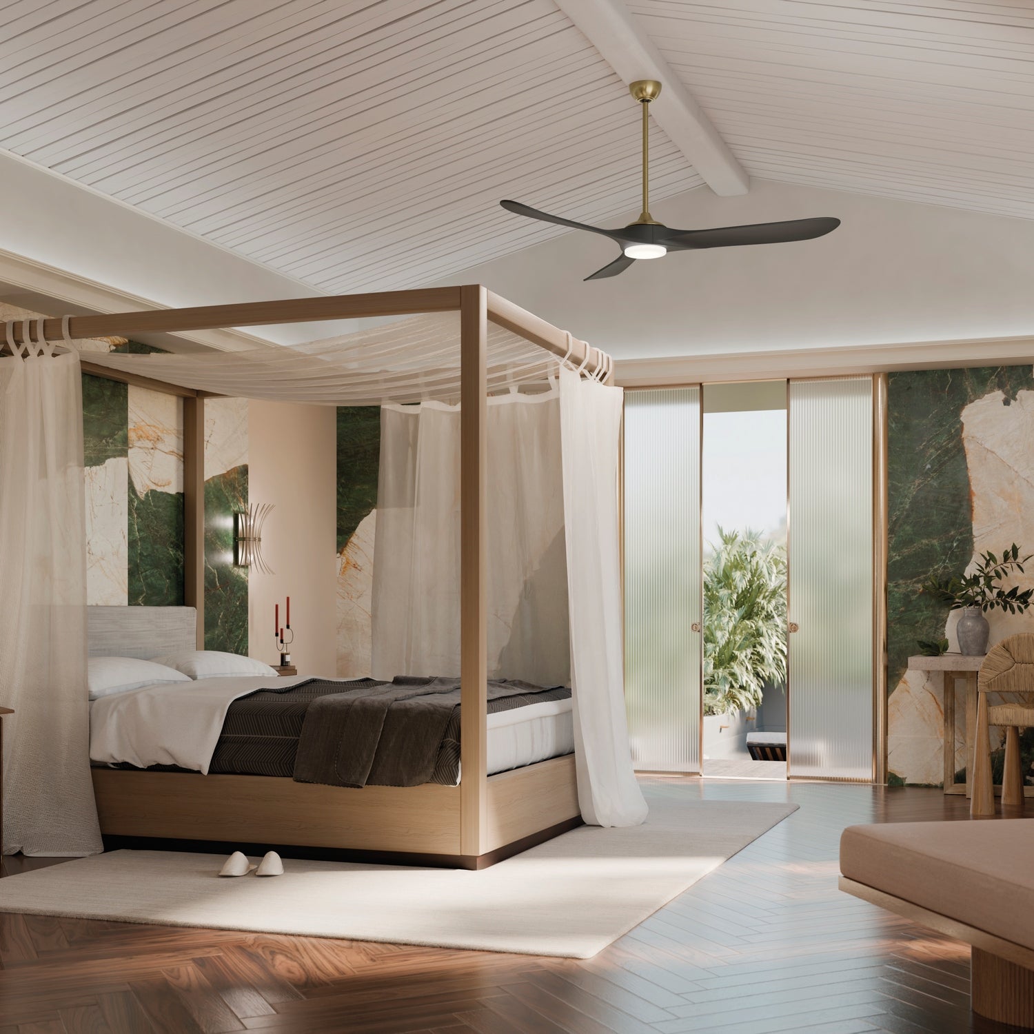 KICHLER 310570CPZ 70 Inch Mylo Ceiling Fan With Satin Etch Cased Opal Glass In Champagne Bronze With Jet Black Wood Blades