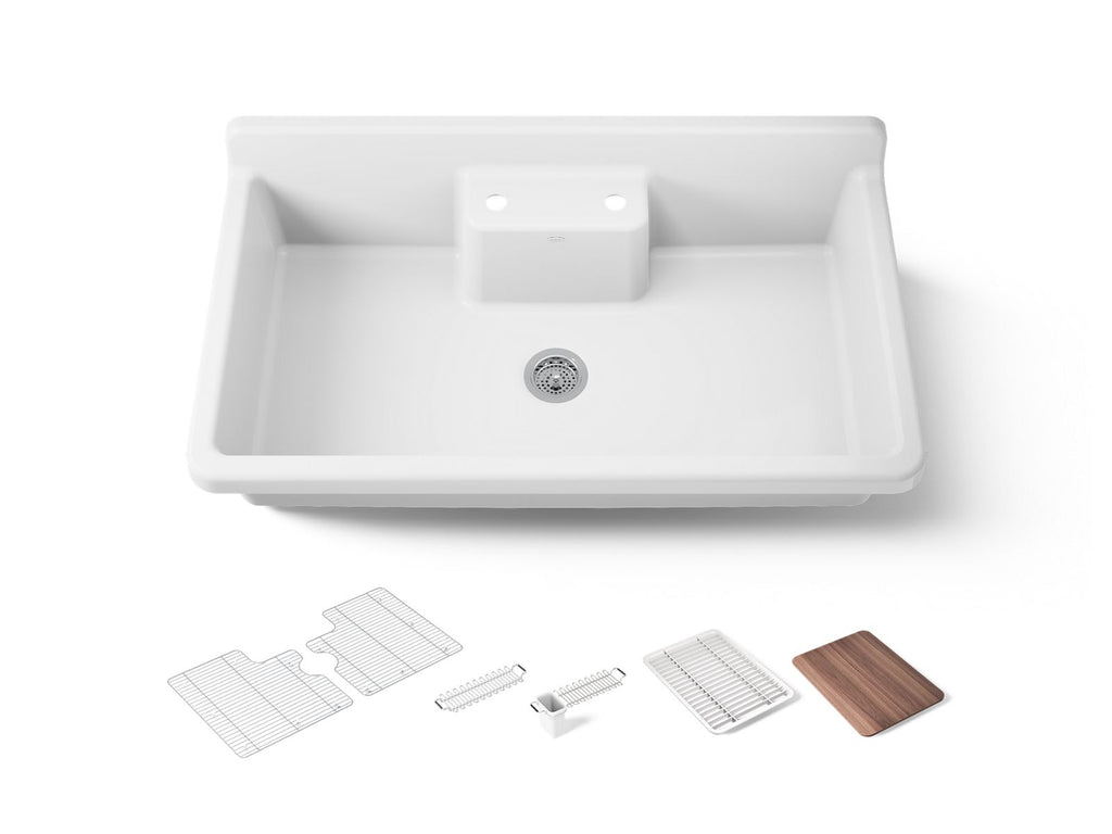 KOHLER K-21103-2HP5-0 Farmstead 45" Top-/Wall-Mount Single-Bowl Workstation Farmhouse Kitchen Sink - White