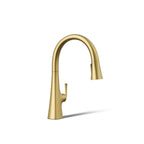 KOHLER Graze Touchless pull-down kitchen sink faucet with KOHLER Konnect and three-function sprayhead in Vibrant Brushed Moderne Brass, feature detail, K-22068-WB-2MB